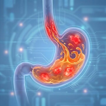 human stomach experiencing severe acid reflux (GERD), with an esophagus segment connected. The stomach's interior shows irritation and redness, and stylized, fiery orange "acid" is visibly splashing b
