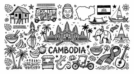 Obraz premium Cambodia Travel Landmarks in Black and White Doodle Line Art Style