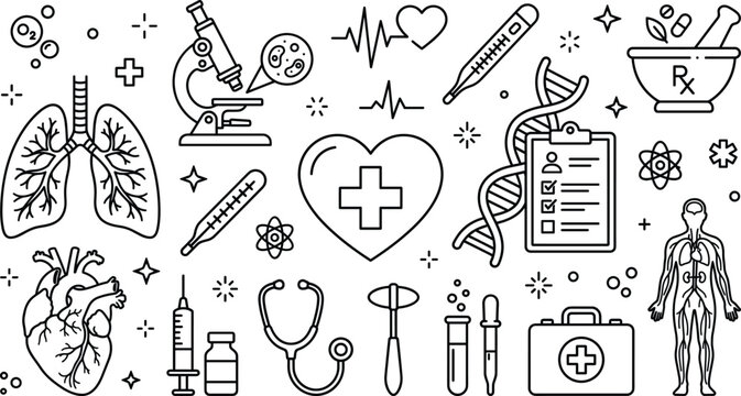 Medical healthcare and science line art vector set with lungs human anatomy microscope heartbeat dna and stethoscope icons