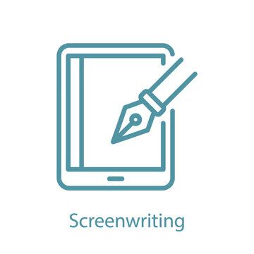 Digital tablet with fountain pen and screenwriting text.