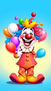 Happy smiling cartoon clown holding colorful balloons on bright blue and yellow background.