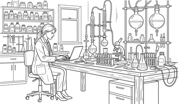 Female scientist working on a laptop in a chemistry laboratory with glassware, equipment, and chemical shelves line art vector illustration