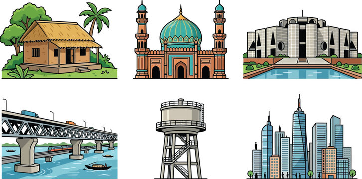 Bangladesh architectural landmarks set featuring rural mud house traditional mosque national parliament building bridge and urban city scene.