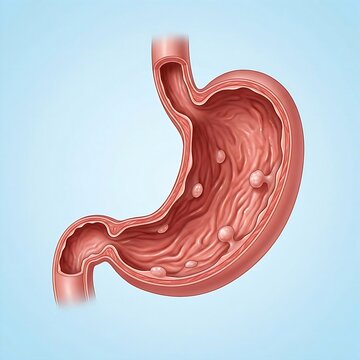 a stomach with visible polyps. Several small, benign-looking growths (polyps) of varying sizes are depicted protruding from the inner stomach lining, rendered with a slightly lighter, rounded appearan