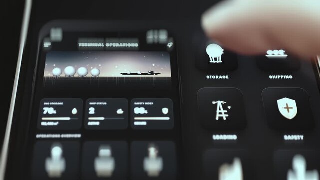 LNG Terminal Operations Mobile App with Storage Shipping and Loading Icons