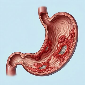 A stomach affected by Crohn's disease, showing segmented inflammation and deep ulcerations along the gastric wall. The affected areas are intensely red and swollen, with a distinct, irregular pattern 