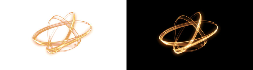 Gold glowing light rings forming an atomic orbit shape with intersecting loops ideal for luxury banners PNG, Transparent and Black Background Versions for design use © Nyxthrasza