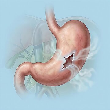 Stomach Perforation, Gastric Perforation, : a stomach with a visible tear or perforation in its wall, allowing subtle leakage of gastric contents into the surrounding abdominal cavity. 