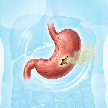 Stomach Perforation, Gastric Perforation, : a stomach with a visible tear or perforation in its wall, allowing subtle leakage of gastric contents into the surrounding abdominal cavity. 