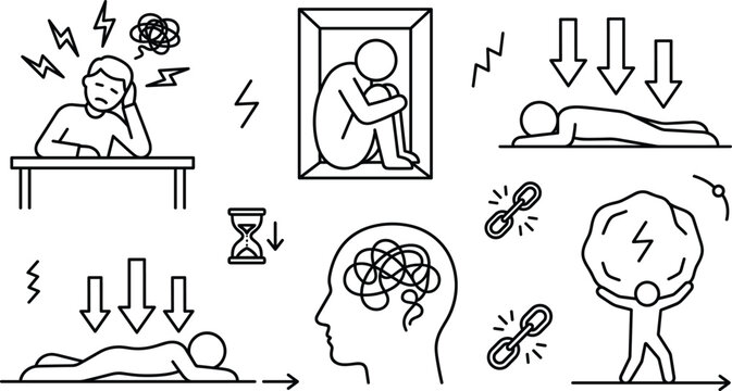 Mental health stress burnout depression and psychological pressure line art vector set with overloaded brain and breakdown icons