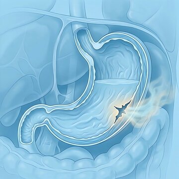 Stomach Perforation, Gastric Perforation, : a stomach with a visible tear or perforation in its wall, allowing subtle leakage of gastric contents into the surrounding abdominal cavity. 
