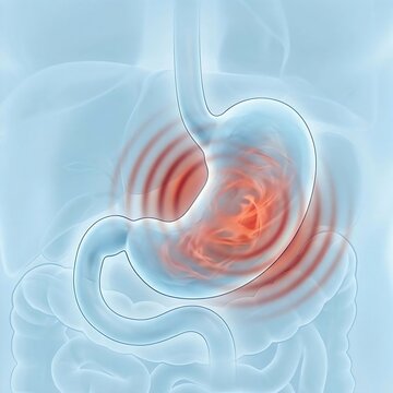 stomach experiencing severe functional dyspepsia. The stomach appears normal in structure but has subtle, pulsing red waves emanating from its core, symbolizing internal discomfort, bloating, and pain