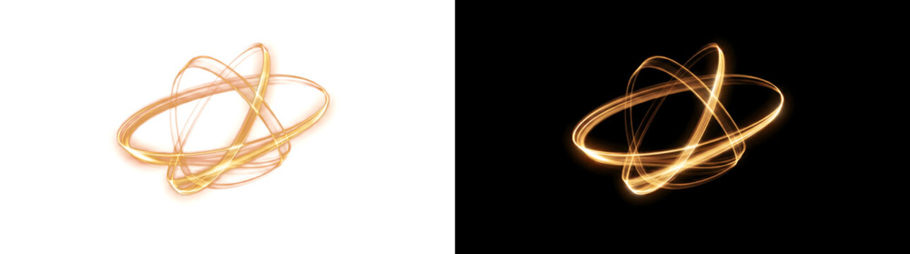 Gold glowing light rings forming an atomic orbit shape with intersecting loops ideal for luxury banners PNG, Transparent and Black Background Versions for design use
