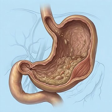 stomach showing signs of Gastroparesis, with food particles visibly lingering inside the stomach due to delayed emptying. The stomach appears slightly distended, and the pyloric sphincter (exit to sma