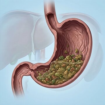 stomach showing signs of Gastroparesis, with food particles visibly lingering inside the stomach due to delayed emptying. The stomach appears slightly distended, and the pyloric sphincter (exit to sma