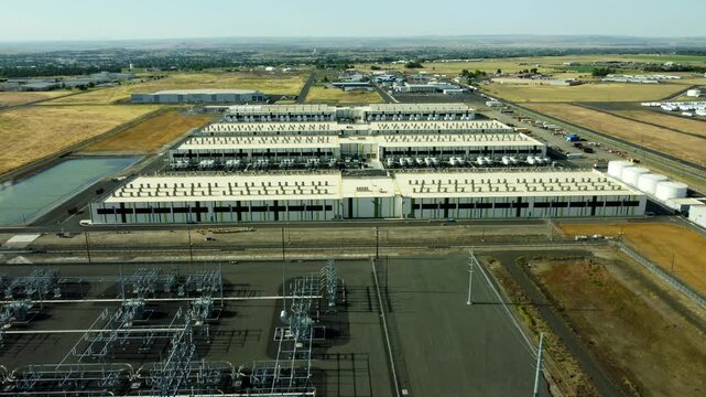 US, Oregon, Hermiston, 2026-05-27 - Drone view of an Amazon Data Center serving AWS on us-west at the Penney Campus, in Summer