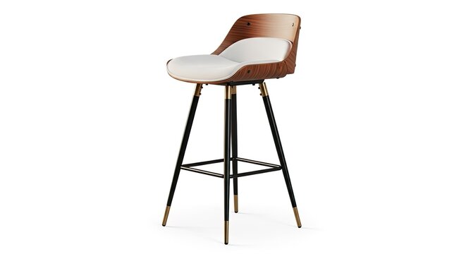 Modern Bar Stool with White Seat and Wood Grain Backrest on Black Legs