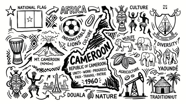 Cameroon Map and Culture in Black and White Travel Doodle Style