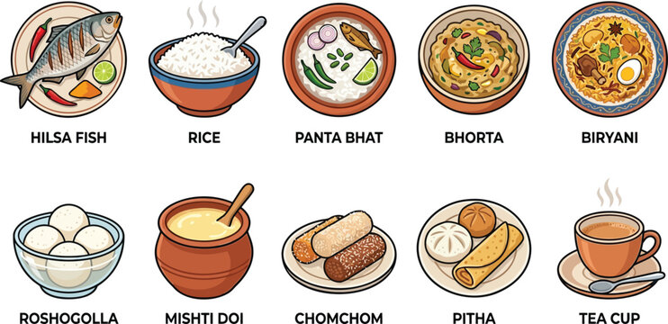 Delicious selection of traditional bangladeshi food and desserts presented in bowls and plates including hilsa fish biryani and sweet treats.