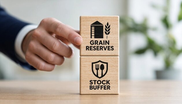 Professional hand placing wooden blocks labeled grain reserves and stock buffer on a light wooden surface