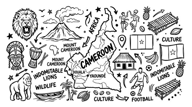 Cameroon Map and Culture in Black and White Travel Doodle Style