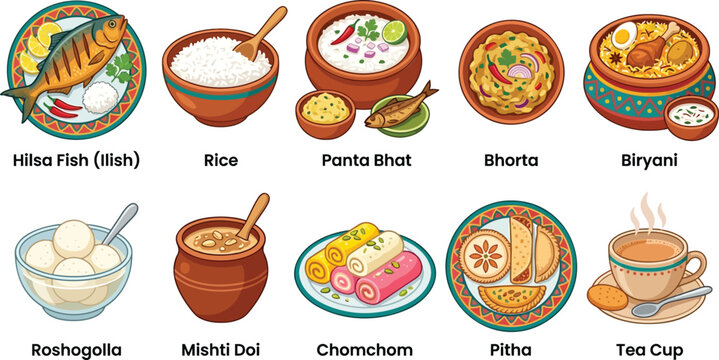 Bengali traditional food collection with hilsa fish rice panta bhat bhorta biryani roshogolla mishti doi chomchom pitha and cup of hot tea.