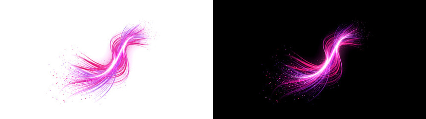 Fototapeta premium Pink purple glowing light swirl with sparkling particles forming a feather shape ideal for vibrant banners PNG, Transparent and Black Background Versions for design use
