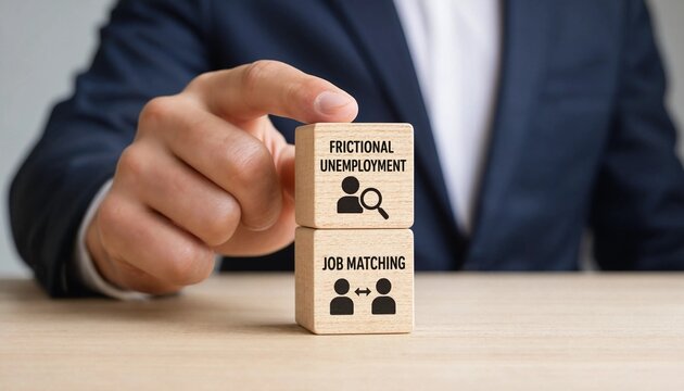 Professional pointing at wooden blocks illustrating frictional unemployment and job matching concepts on desk