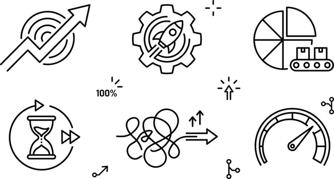 Minimalist line art icon set of business growth strategy rocket startup charts speedometer deadline vector illustration collection