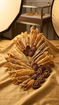 Dried fish maw and abalone delicacies arranged on golden fabric under professional studio lighting