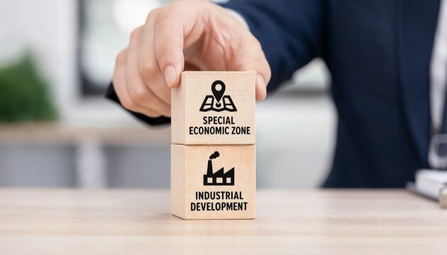 Professional placing wooden blocks illustrating special economic zone and industrial development concept for business strategy