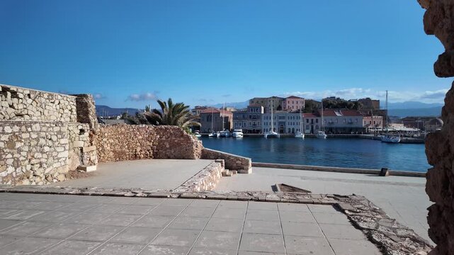 View of the Chania coast from the perspective of the historic walls, the remains of the old fortifications
