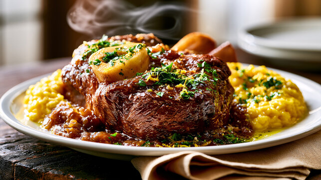Tender braised veal osso buco paired with creamy saffron risotto in authentic Milanese style