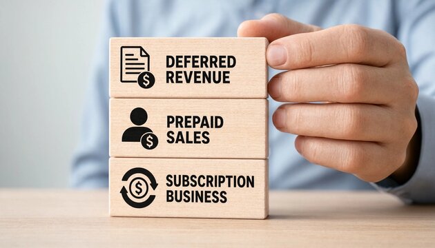 Hand stacking wooden blocks illustrating concepts of deferred revenue prepaid sales and subscription business models