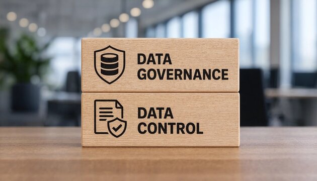 Two cardboard boxes displaying data governance and data control concepts in modern office setting
