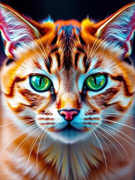 Colorful depiction of a cat's face with whiskers and sparkling eyes, agile, ||cat