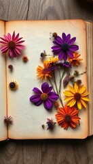 Fototapeta premium Dried flowers scattered on a worn journal page, delicate, simple