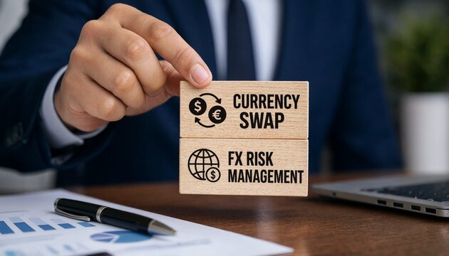 Professional holding wooden blocks illustrating currency swap and foreign exchange risk management concepts on desk
