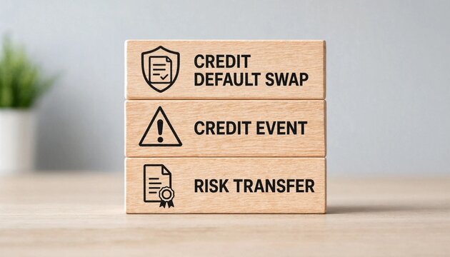 Stacked wooden blocks illustrating financial concepts credit default swap credit event and risk transfer on light surface