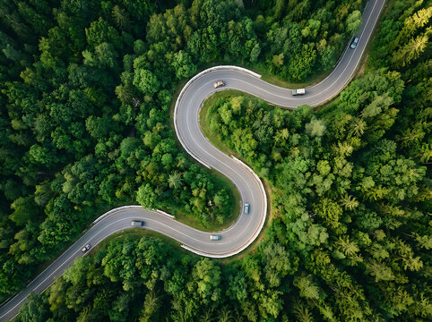 Winding road through a lush green forest. Aerial view of a serpentine highway in nature.
