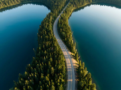 Aerial view of road through forest. Scenic highway between two lakes in nature.