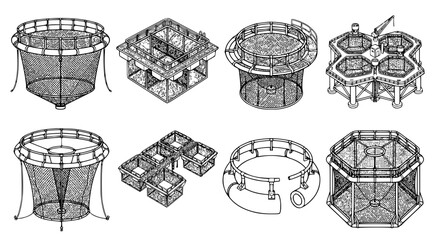 Aquaculture fish farming cage and floating platform infrastructure set featuring various circular and square net designs in a detailed technical vector illustration style © aminul