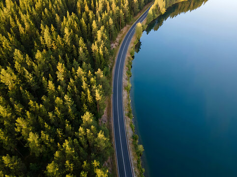 Aerial view of road by forest and lake. Scenic highway along water and pine trees.