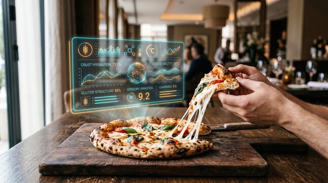 Futuristic pizza analysis with holographic data overlay showing nutritional information