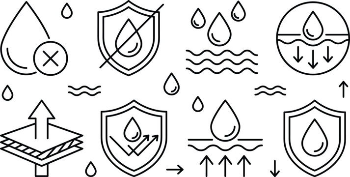 Minimalist line art icon set of waterproof fabric materials shield protection absorption drop liquid weather proof vector illustration collection