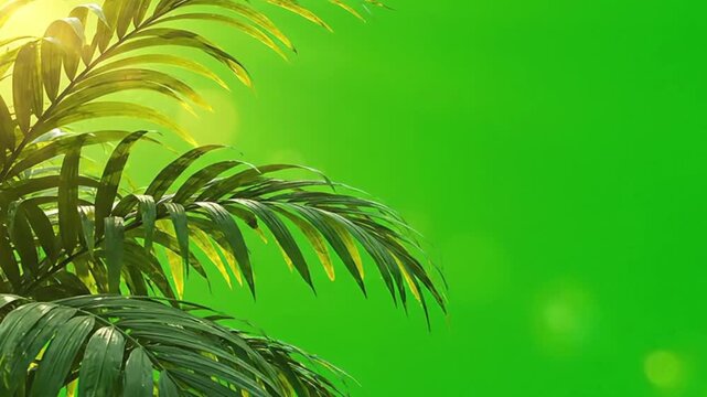 Tropical palm leaves against a vibrant green screen background with soft golden sunlight flare for creative compositing and nature design projects