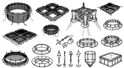 Aquaculture farm infrastructure and floating cage system technical line art for maritime schematics © aminul