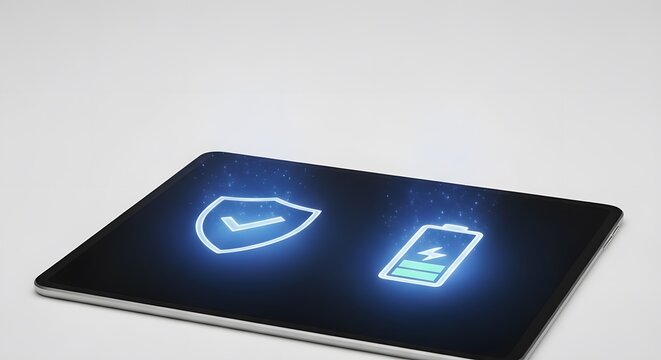 A digital tablet displaying glowing neon icons for cybersecurity and battery level, representing device safety and power management.