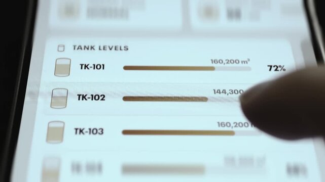 Tank Levels Panel on a Light LNG Dashboard Showing TK-101 to TK-104