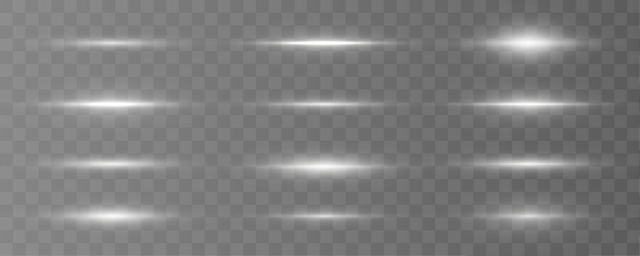 Collection of white light beams with glowing horizontal streaks and soft lens flare highlights on transparent background.
